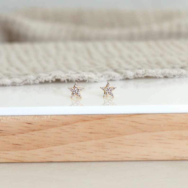 Small star earrings with zircons, mini silver or gold women's ear studs, minimalist style image 1