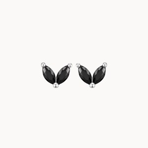 Small flower petal earrings with two black zircons, mini women's stud earrings, minimalist style, gifts for her Silver