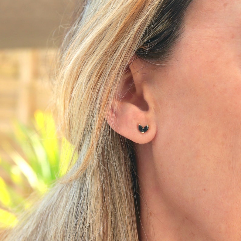 Small flower petal earrings with two black zircons, mini women's stud earrings, minimalist style, gifts for her image 3
