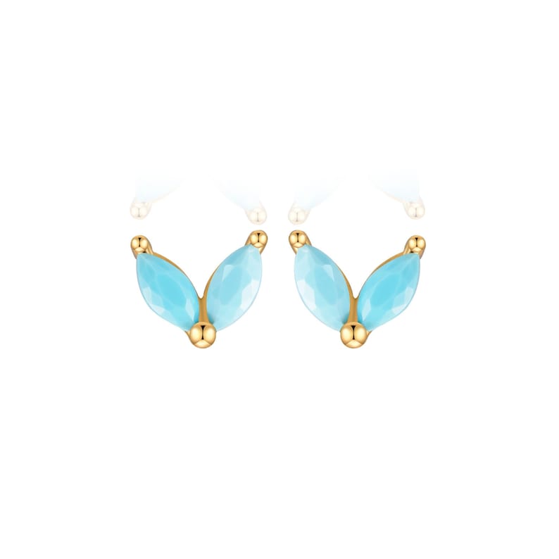 petits clous d'oreilles fleur deux pétales turquoises, mini puces d'oreilles femme argent ou doré, style minimaliste Or