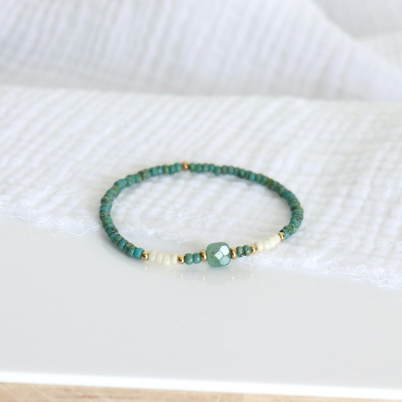 Elastic bracelet miyuki marbled turquoise beads and aventurine stone, minimalist style women's bracelet, women's gifts image 4