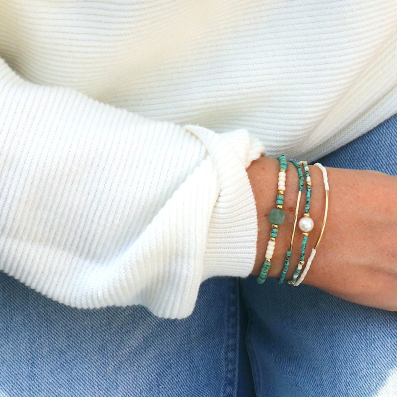 Elastic bracelet miyuki marbled turquoise beads and aventurine stone, minimalist style women's bracelet, women's gifts image 5