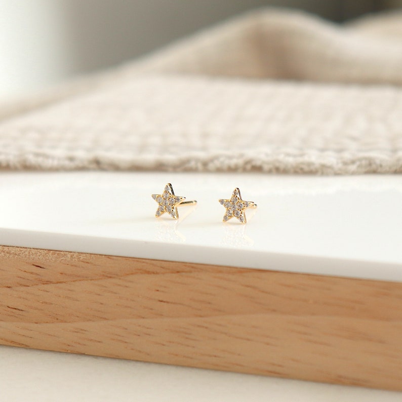 Small star earrings with zircons, mini silver or gold women's ear studs, minimalist style image 7