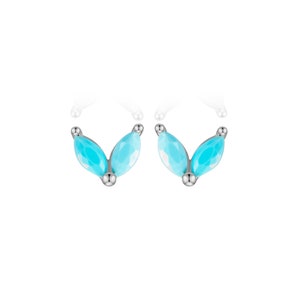 petits clous d'oreilles fleur deux pétales turquoises, mini puces d'oreilles femme argent ou doré, style minimaliste image 4