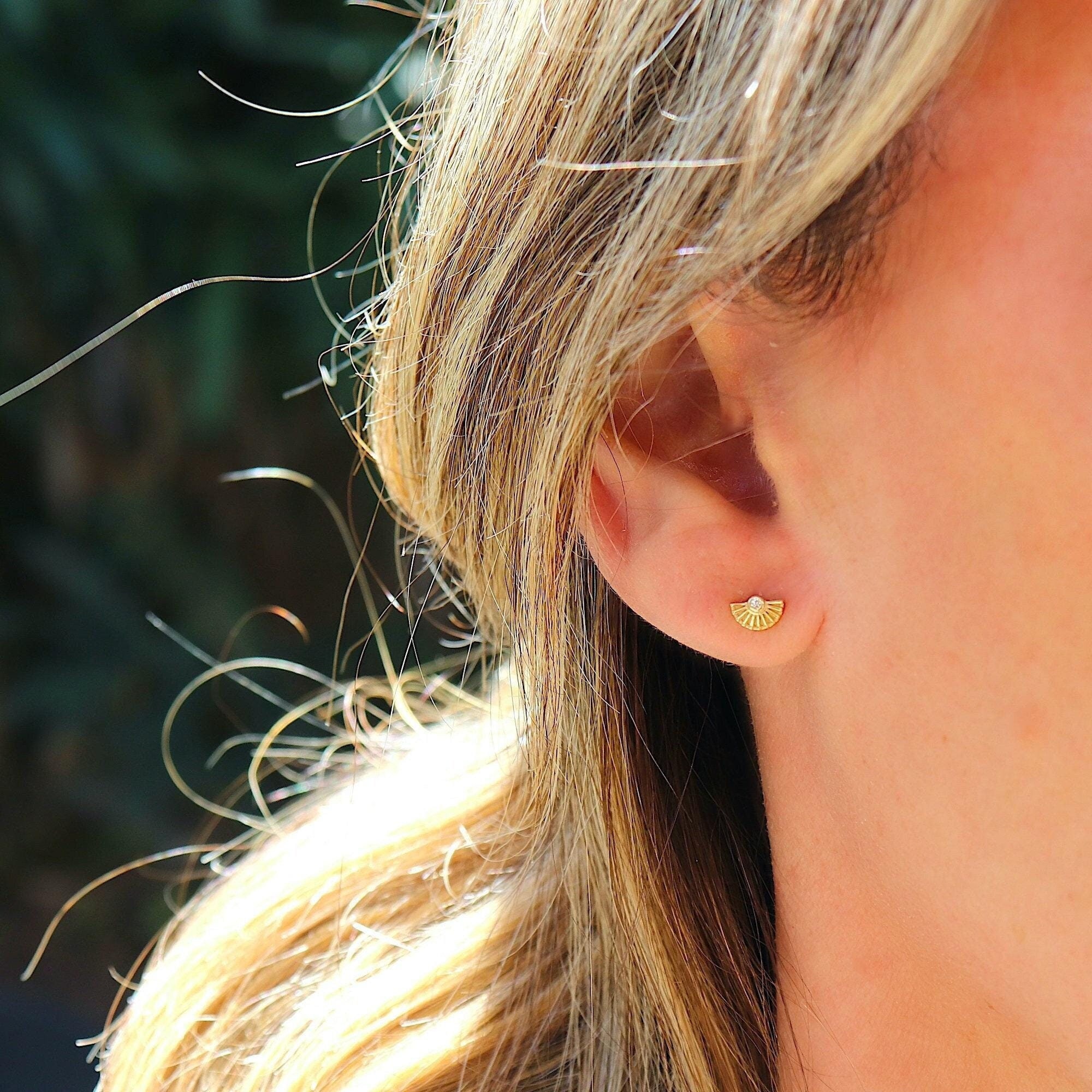 Small fan stud earrings with zircons, mini women's silver or gold stud  earrings, gifts for her