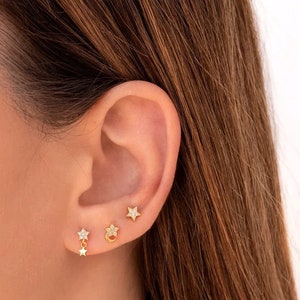 Petites puces d'oreilles lune et étoile zircons, mini clous d'oreilles femme dorés ou argent style minimaliste, cadeau femme image 5