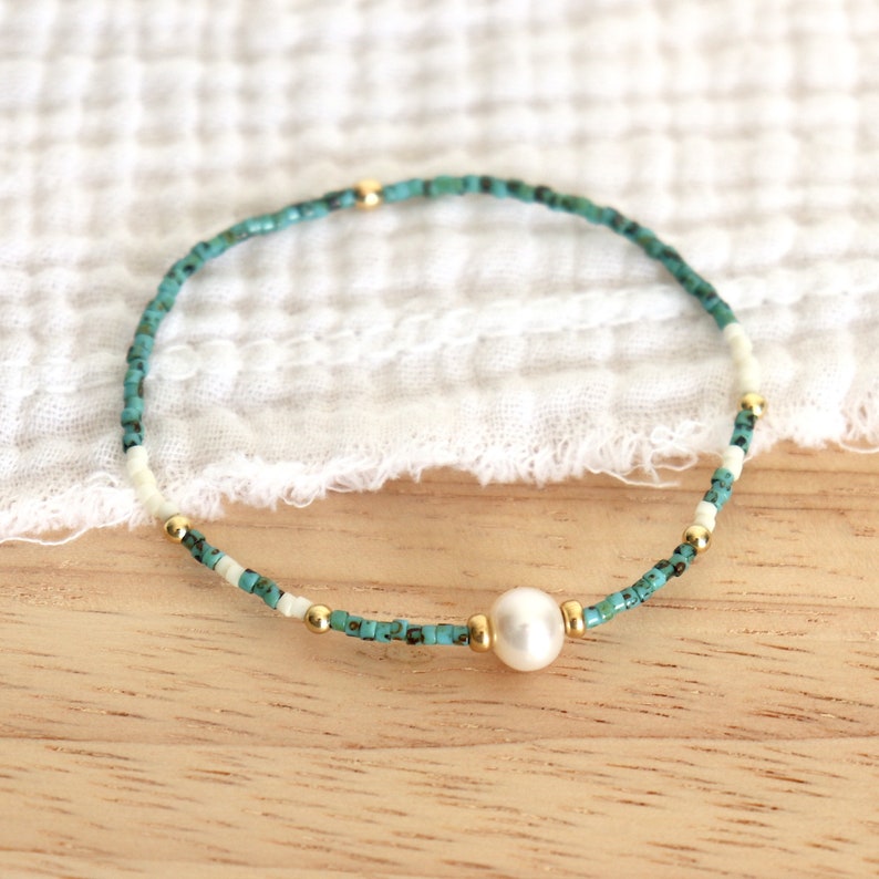 Bracelet fin élastique perle d'eau douce et perles miyuki turquoises marbrées,bracelet femme minimaliste, cadeaux femme image 5
