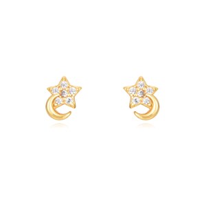 Petites puces d'oreilles lune et étoile zircons, mini clous d'oreilles femme dorés ou argent style minimaliste, cadeau femme image 3