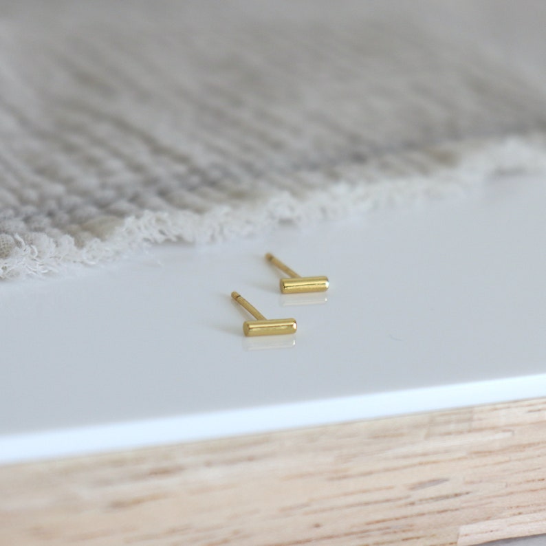 Small gold or silver bar earrings, mini minimalist ear studs, women's earrings image 5