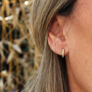Small women's hoops paved with zircons, mini thick hoop earrings available in silver or gold, women's gifts image 6