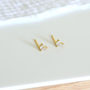 Small flower earrings with two zircon petals, mini gold or silver ear studs for women, minimalist style, gifts image 2