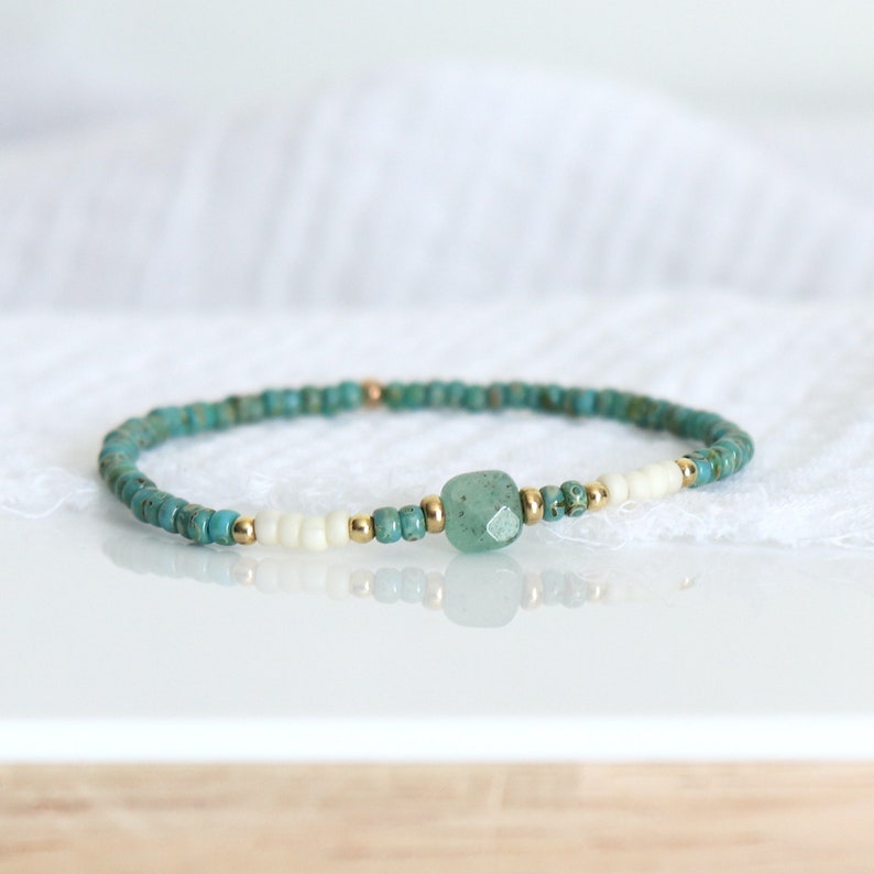 Elastic bracelet miyuki marbled turquoise beads and aventurine stone, minimalist style women's bracelet, women's gifts image 2