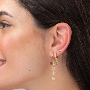 Zircon hoop earrings with a key pendant, mini women's rings available in silver or gold, gifts image 5