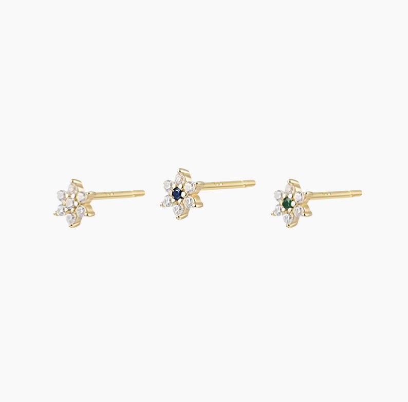 Small zircon flower stud earrings, these mini minimalist women's stud earrings are available in 3 colors, gift ideas image 1