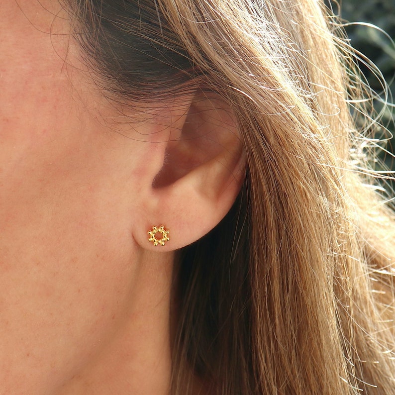 Small sun ball stud earrings, mini women's earrings in silver or gold for a minimalist style, women's gifts image 1