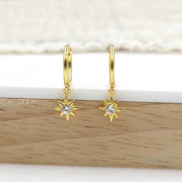 petites boucles d'oreilles cerceaux pendentif étoile avec zircon, créoles femme minimaliste, cadeau