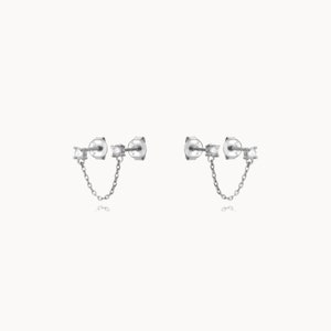 Boucles d'oreilles puces deux trous chaine et zircons, petits clous d'oreilles minimaliste femme en argent ou doré, cadeaux pour elle Argent