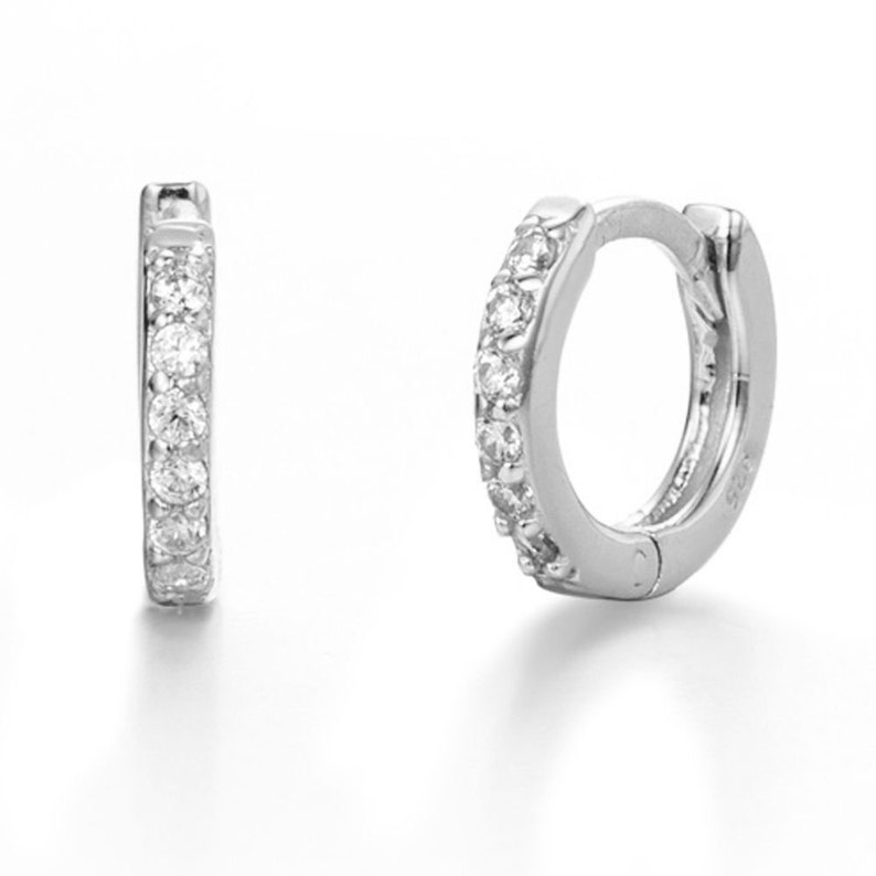 Small women's hoops paved with zircons, mini thick hoop earrings available in silver or gold, women's gifts Silver