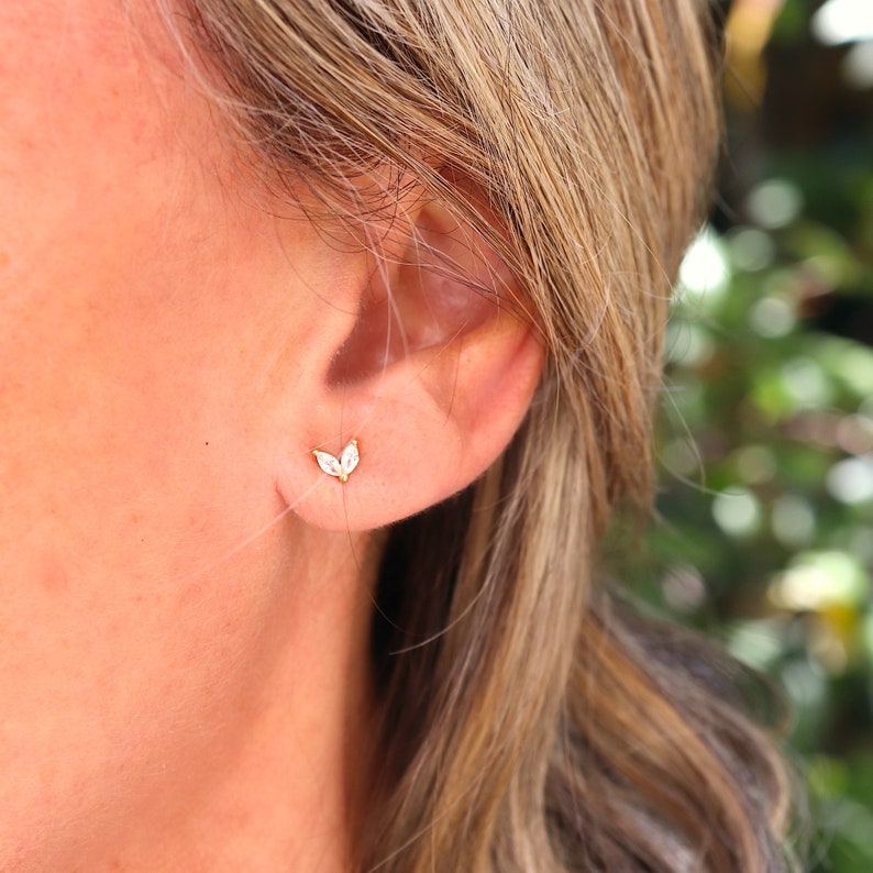 Small flower earrings with two zircon petals, mini gold or silver ear studs for women, minimalist style, gifts image 7