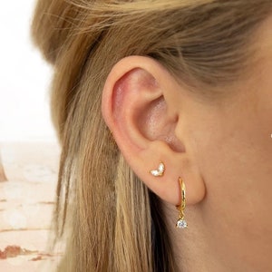 Small flower earrings with two zircon petals, mini gold or silver ear studs for women, minimalist style, gifts image 6