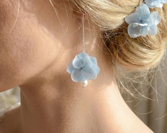 Pendientes colgantes de flores azules naturales: joyas de boda con flores preservadas