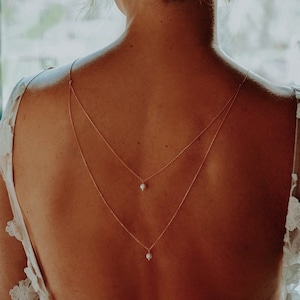 Double chain back necklace with white pearl beads – wedding back jewelry