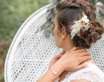 Peigne à cheveux mariage pampas, hortensias et détails végétaux