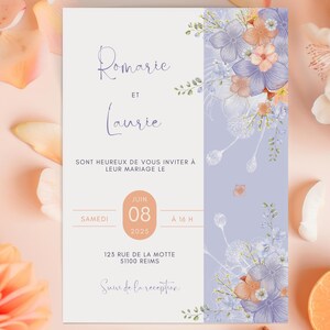 Modèle faire-part mariage pastel numérique téléphone pêche et parme  - invitation mariage numérique modifiable à télécharger.