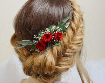 Peigne à cheveux roses rouges stabilisées – Accessoire de cheveux mariage rouge