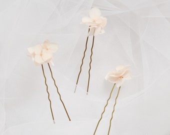 3 small dried hydrangea flower hairpins – various colors