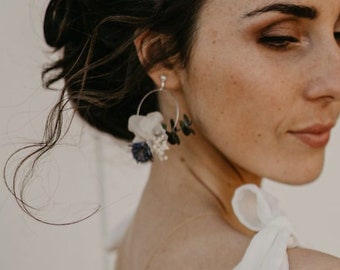 Wedding hoop earrings with ivory hydrangeas, eucalyptus and blue thistles