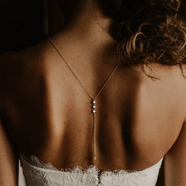 Collier de dos mariage à 3 strass – bijou de dos mariée