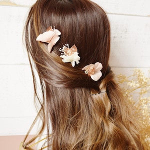 3, 5 épingles à cheveux fleurs ivoire et rose ornées de feuilles or rose image 5