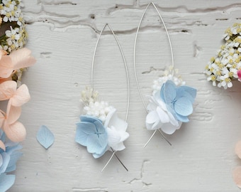 Pendientes largos con flores de hortensia azul preservadas – Colección de joyas para bodas