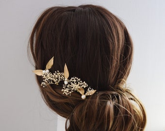 5 épingles à chignon feuilles dorées stabilisées, gypsophiles et perles – bijoux mariage collection or et ivoire