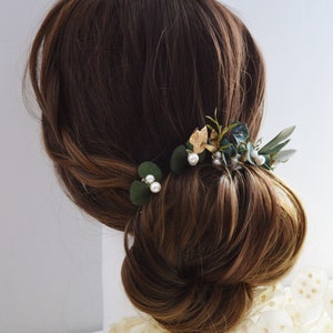 6 épingles à chignon eucalyptus stabilisé, végétaux, perles et détails dorés bijoux mariage collection eucalyptus image 10