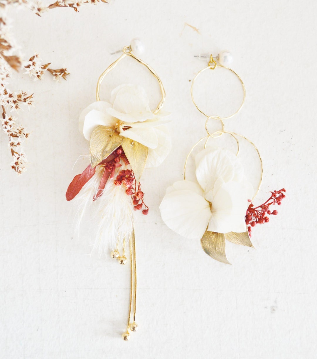 Boucles d’oreilles dépareillées pampas et végétaux terracotta – boucles d’oreilles fleurs stabilisées 2 en 1 - Etsy France