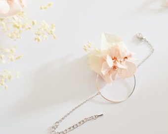 Bracelet mariage feuilles, fleurs stabilisées rose et ivoire