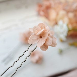 Può includere: Un fermaglio per capelli con un delicato fiore secco color rosa pallido e un fermaglio per capelli d'argento ondulato. Il fiore è un gruppo di piccoli petali, che assomiglia a un'ortensia.