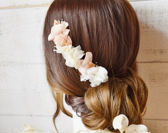 3, 5 ivory and pink flower hairpins decorated with rose gold leaves