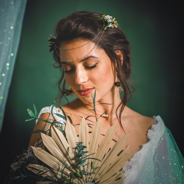 Double peignes à cheveux végétal – coiffure mariage rétro eucalyptus et rameaux d’olivier stabilisés