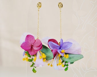 Boucles d’oreilles fleurs naturelles colorées fuchsia, mauve, orange et vert – bijoux mariage collection acidulée