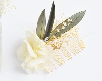 Wedding hair comb olive branches and ivory preserved flowers – Boho or country wedding