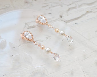 Rose gold zircon earrings with pearls and crystals