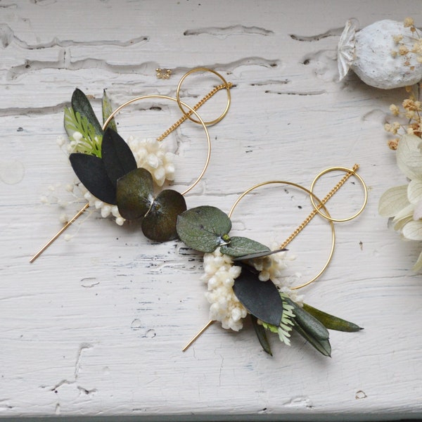 Boucles d’oreilles mariage végétales – bijoux eucalyptus et rameaux d’olivier stabilisés