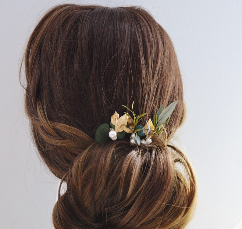 6 épingles à chignon eucalyptus stabilisé, végétaux, perles et détails dorés bijoux mariage collection eucalyptus image 8