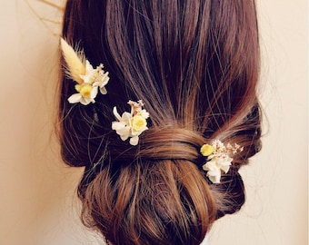 3 épingles à chignon fleurs séchées aux tons jaunes et ivoire – accessoire de cheveux mariage champêtre