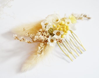 Broche à cheveux fleurs séchées aux tons jaunes et ivoire – accessoire de cheveux mariage champêtre