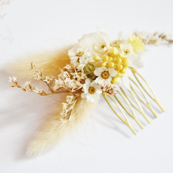 Broche à cheveux fleurs séchées aux tons jaunes et ivoire – accessoire de cheveux mariage champêtre