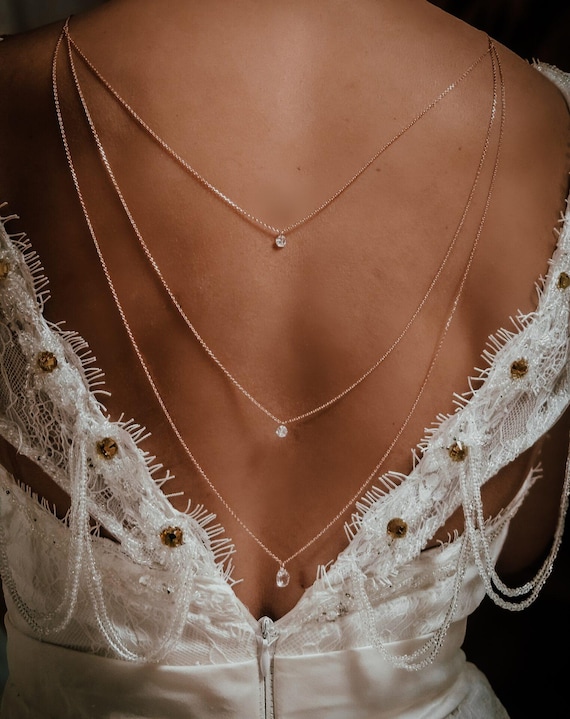 Long Triple Rhinestone Chain Back Necklace – Wedding Back Jewelry